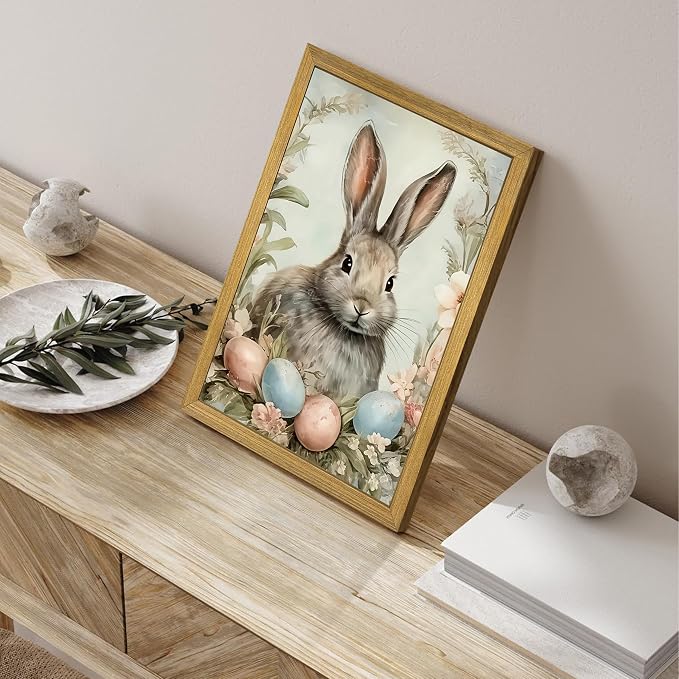 Easter Bunny Wall Art, Vintage Rabbit Canvas Wall Decor, Easter Eggs Poster - Image 2