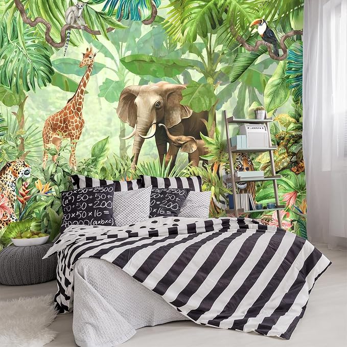 -Green Rainforest Plants Animals Tiger Cloth Wallpaper Jungle Plants Banana by YIHWM-PurchaseNow