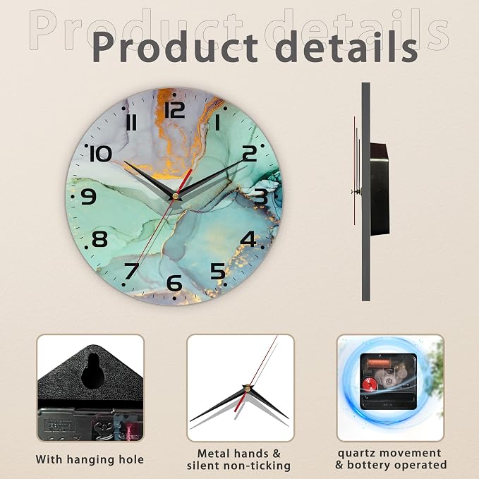 Watercolor Abstract Painting Marble Wall Clock Vintage Wooden Wall Clock Silent - Image 3