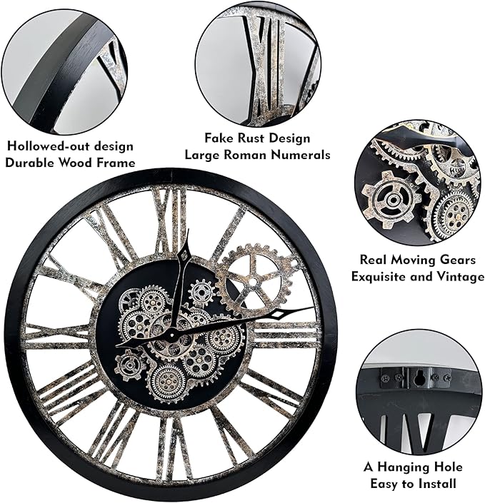 The B-Style Large Real Moving Gears Wall Clock 30 inch Rustic Retro Industrial - Image 4