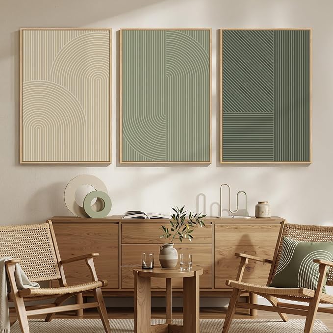 Large Framed Green and Neutral Beige Abstract Wall Art - Image 2