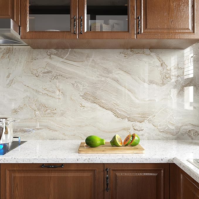 VEELIKE Glossy Beige Gold Liquid Marble Contact Paper - Image 5