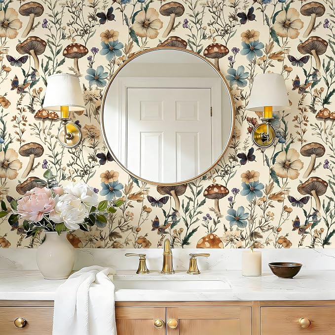 Froluya Mushroom Wallpaper Peel and Stick Vintage Floral Contact Paper 16.9" x - Image 6