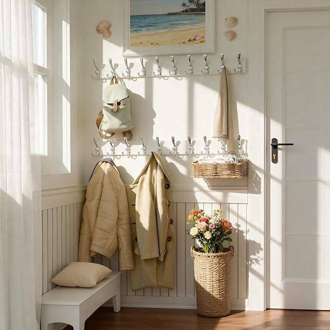 SKOLOO Creations White Solid Wood Wall Mounted Coat Rack, 10 Hooks, 38-1/8" Long - Image 2