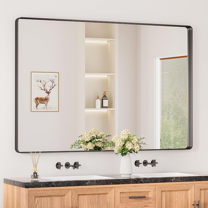 Keonjinn Black Bathroom Mirror for Over Sink, 60 x 40 Inch Large Rounded by Keonjinn