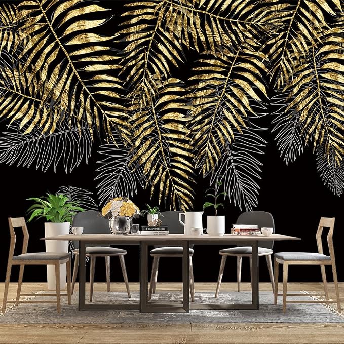 Black and Gold Leaf Mural Bedroom Tropical Botanical Wallpaper Room Plant Decor - Image 3