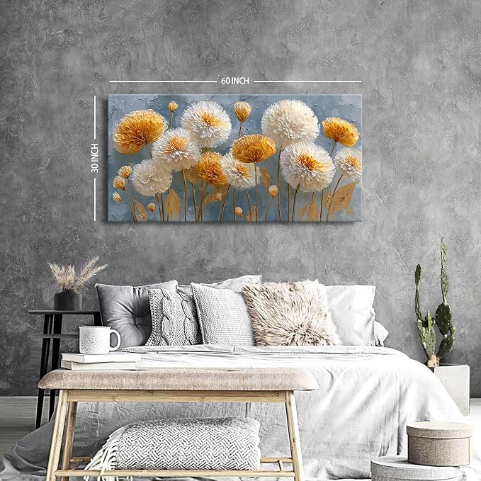 Abstract White Flower Wall Art Golden Floral Pictures Wall Decor Neutral - Image 3
