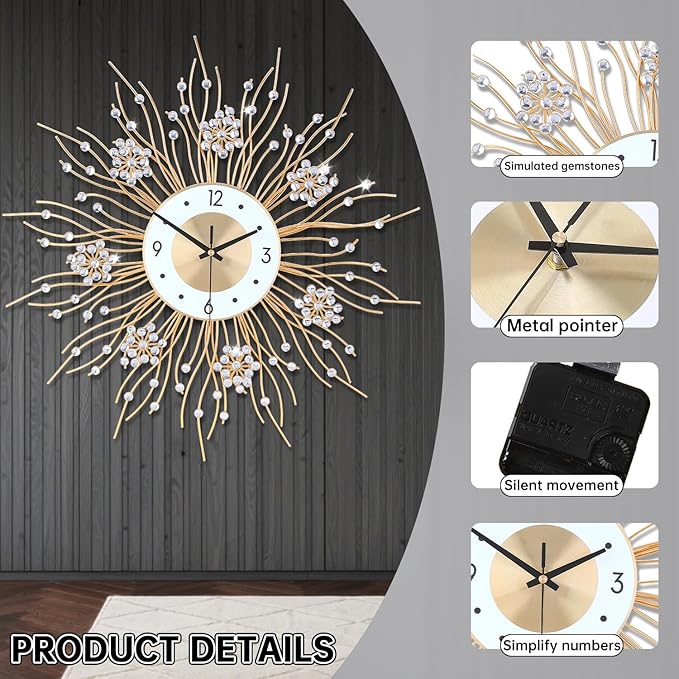 SIN&MI Large Wall Clocks, Silent Sunflower Shape Chic Decorative Wall Clock - Image 2