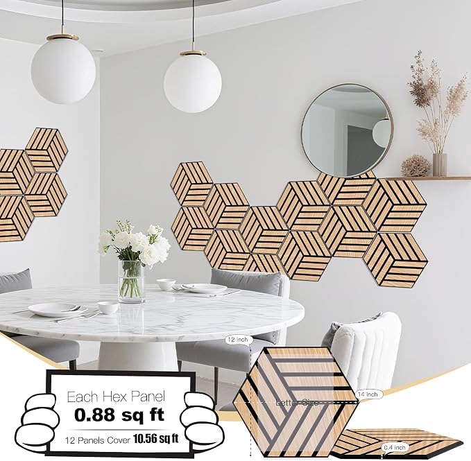 Mollywell Acoustic Panels, PVC Wood-Grain, 14x12 Inch Hexagon Carved Sound - Image 2