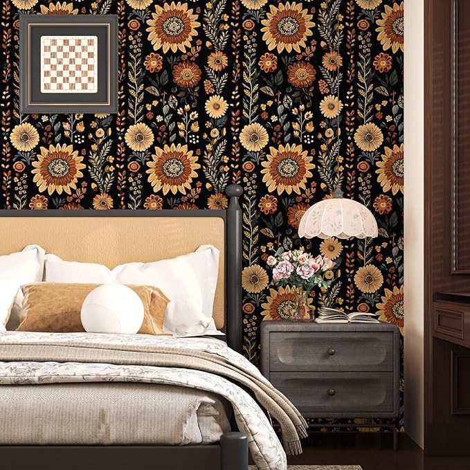 Boho Dark Floral Peel and Stick Wallpaper, Vintage Black Brown Flower Pattern - Image 2