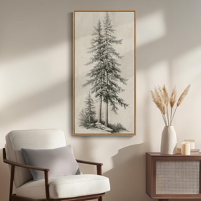 Framed Vertical Vintage Sketch Tree Living Room Wall Art, Large Black Beige - Image 3