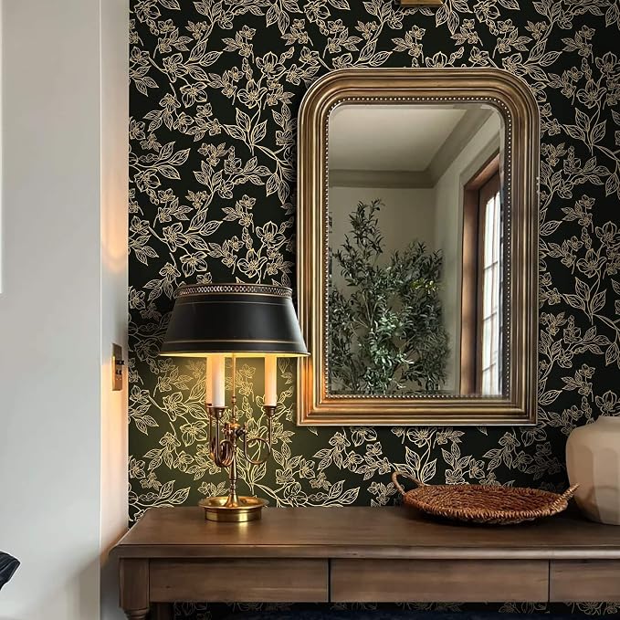 Ismoon Floral Peel and Stick Wallpaper Vintage Black and Gold Contact Paper - Image 2