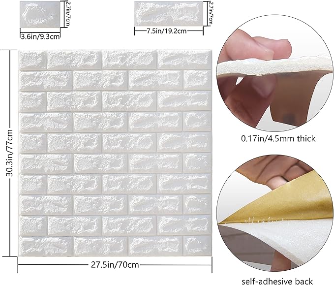 MYOYAY 10 Pcs 3D Wall Panels Peel and Stick 27.5 x 30.3 Inch White Brick - Image 2