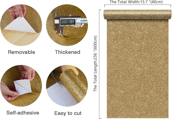CHIHUT 15.7''x236'' Champagne Gold Glitter Contact Paper Peel and Stick Glitter - Image 2
