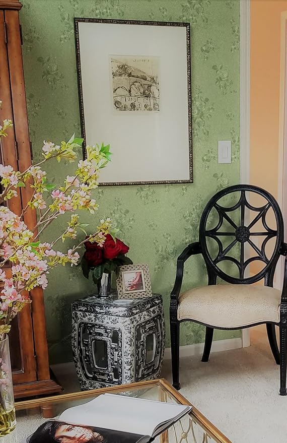 Erfoni 197"x17.7" Green Thicken Floral Embossed Wall Paper Pure Green Peel and - Image 3