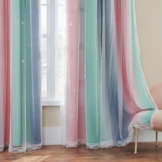 XiDi Curtains for Bedroom Decor, Rainbow Pinkgreen grey52/45 - Image 4