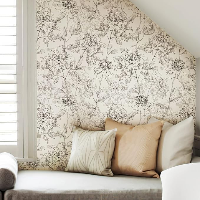 JiffDiff Black and White Floral Wallpaper 17.3" x 394" Peonies Removable Peel - Image 4