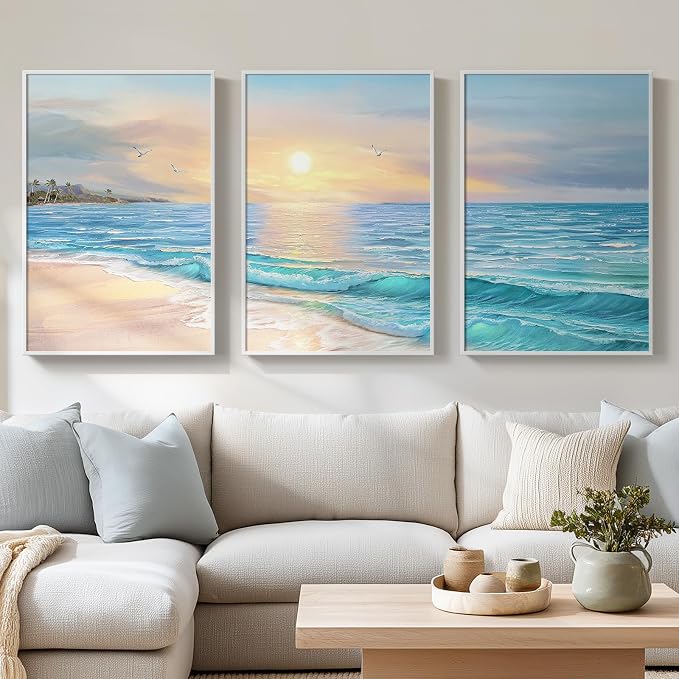 Framed Coastal Beach Wall Art for Living Room, Large 3 Piece Blue Ocean Canvas - Image 2