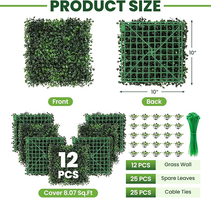 Grass Wall 12 Pack 10"x10" Artificial Boxwood Hedge Wall Panels, Privacy Hedge - Image 2