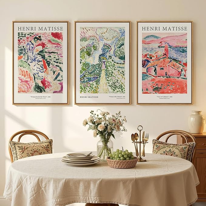 Framed Abstract Matisse Wall Art Set of 3, Vintage Colorful Landscape Canvas - Image 3