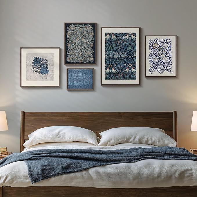 Framed William Morris Wall Art for Living Room, 5 Piece Large Vintage Blue - Image 3