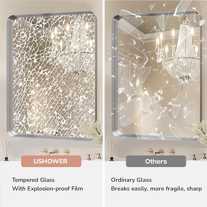 USHOWER Brushed Nickel Bathroom Mirrors 22"x30" 2 Pack, Rounded Corner - Image 3