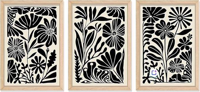 YWJKWLGS Abstract Floral Wall Art Set of 3, 16x24 Inch Black Boho Flower Prints by Unknown