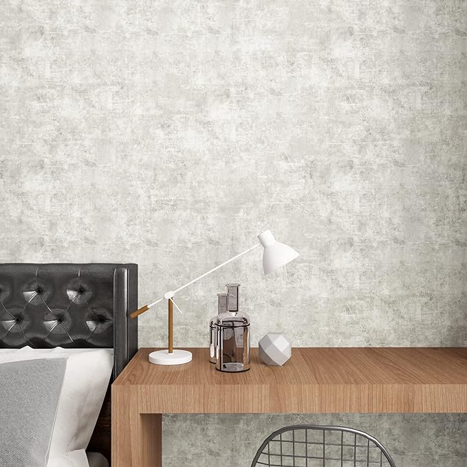 VEELIKE Distressed Light Grey Concrete Wallpaper Peel and Stick Modern Limewash - Image 4