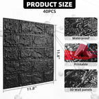 40 PCS 3D Wall Panels Peel and Stick Faux Foam 11.8"*11.8" Black Brick Wallpaper - Image 2