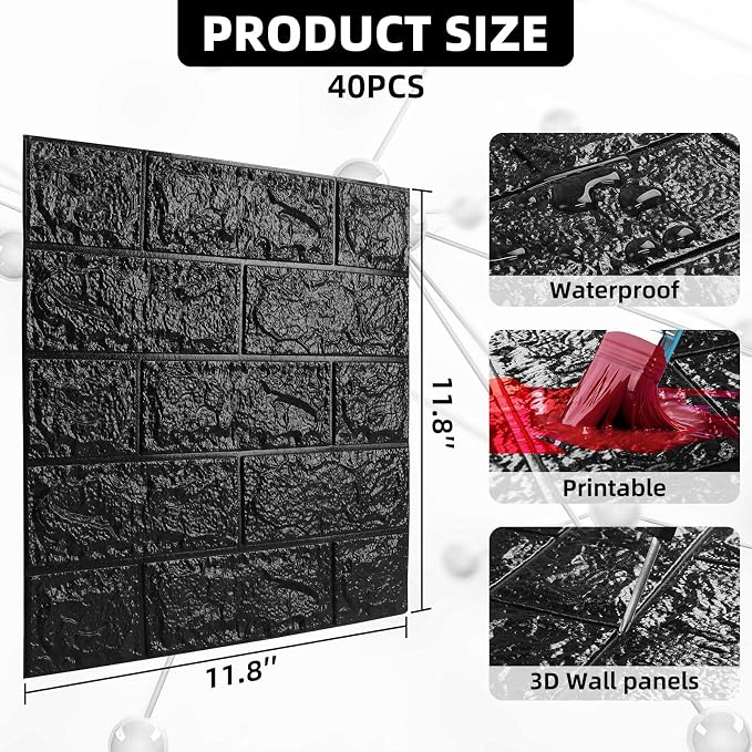 40 PCS 3D Wall Panels Peel and Stick Faux Foam 11.8"*11.8" Black Brick Wallpaper - Image 2
