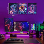 Cool Soccer Gaming Wall Art Set of 3, Neon Video Gamer Canvas Pictures - Image 3