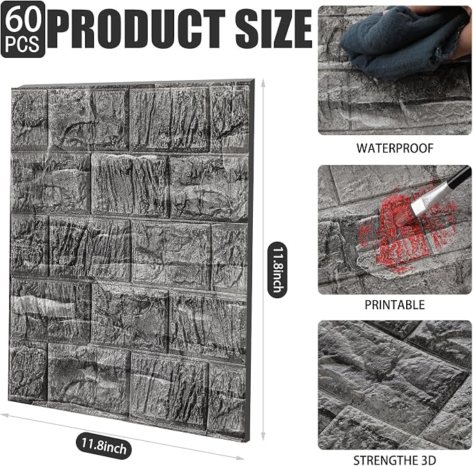 Colarr 60 Pcs 58 Sq ft 3D Wall Panels Peel and Stick Faux Foam 3D Brick - Image 2
