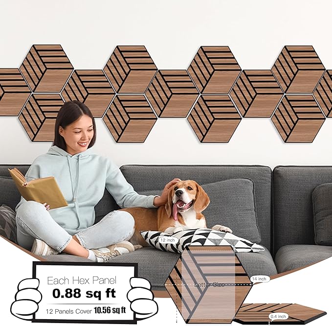 Mollywell Acoustic Panels, PVC Wood-Grain, 14x12 Inch Hexagon Carved Sound - Image 2