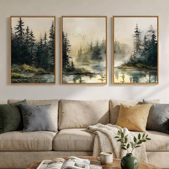Framed Forest Landscape Nature Wall Art Bedroom, 3 Piece Foggy Pine Tree Lake - Image 2