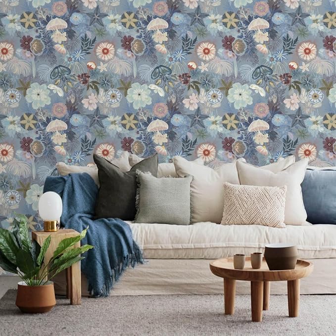 Ismoon Floral Peel and Stick Wallpaper Vintage Blue Contact Paper Jellyfish - Image 8