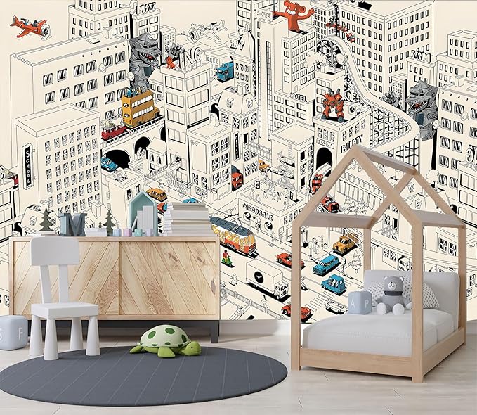 XMPMBM-Cartoon Comics City Nursery Room Fabric Wallpaper Kids Bedroom - Image 3