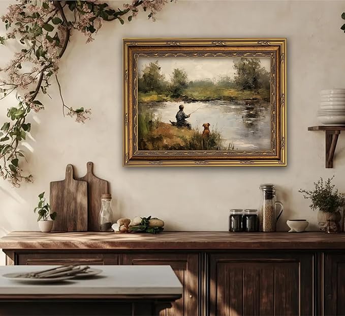 Vintage Gold Framed Wall Art Boy Fishing Country Oil Painting Canvas Prints - Image 2
