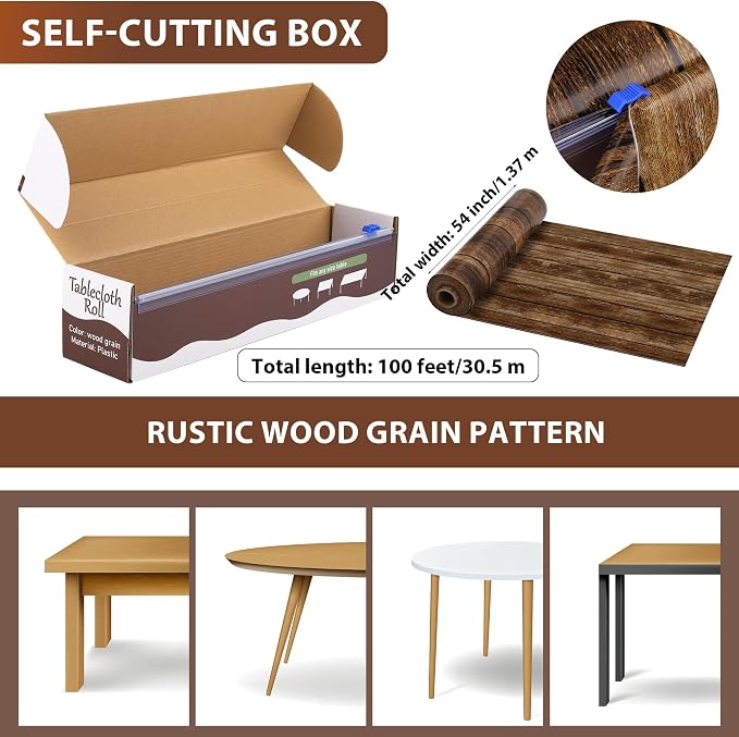 Kochorie 100 Ft x 54 Inch Wood Grain Tablecloth Roll in Slide Cutter Box - Image 2