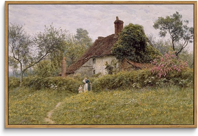 InSimSea Framed Canvas Wall Art Vintage Decor, Old Cottages Countryside by InSimSeaArt