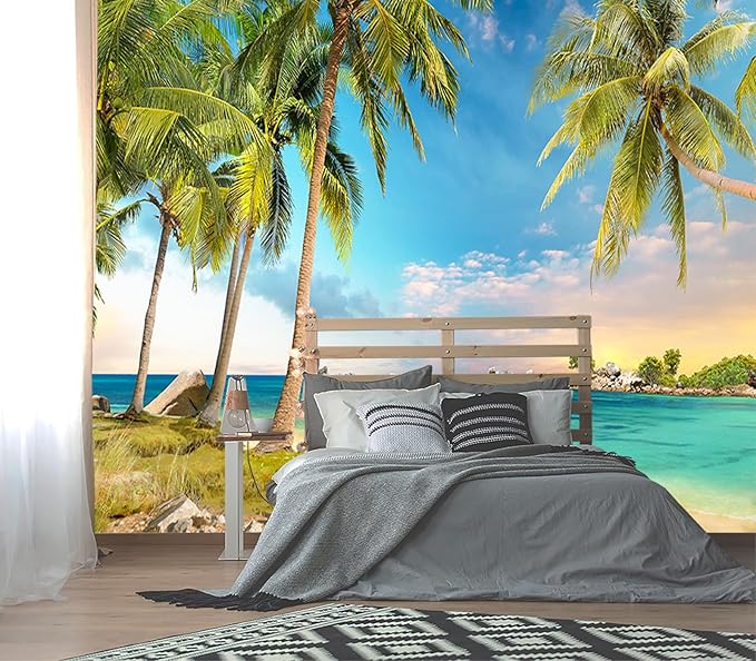 XMPMBM-Beach Palms Landscaping Fabric Wallpaper Tree Leaf Living Room Bedroom by XMPMBM-Wallpaperthatwontpeeloff