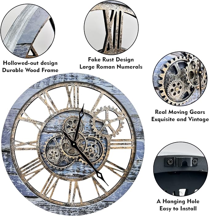 The B-Style Large Wall Clock 24 inch Moving Gear Wall Clock Oversized Vintage - Image 4