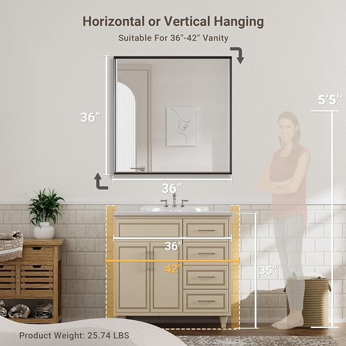 Black Framed Mirror for Bathroom 36x36 Inch Square Beveled Bathroom Mirror - Image 6