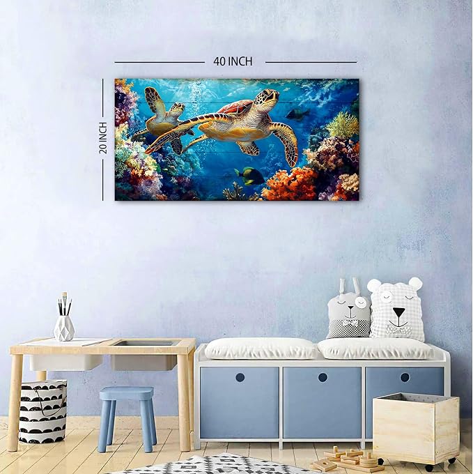 Sea Turtle Wall Art Ocean Bathroom Decor Colorful Fish Coral Landscape Canvas - Image 3