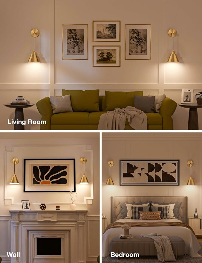NIORSUN Brushed Gold Battery Operated Wall Sconce Set of 2, 5200mAh Dimmable - Image 3
