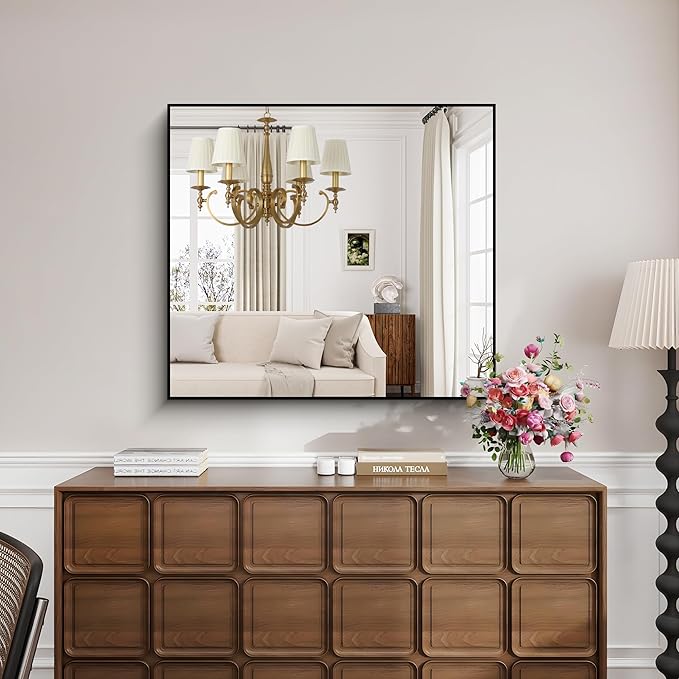 KOCUUY Black Square Mirror, Large Black Wall Mounted Mirror, Metal Framed Mirror - Image 5