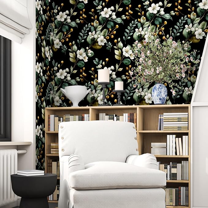 Black Floral Wallpaper Peel and Stick, Vintage Dark Green Leaves - Image 6