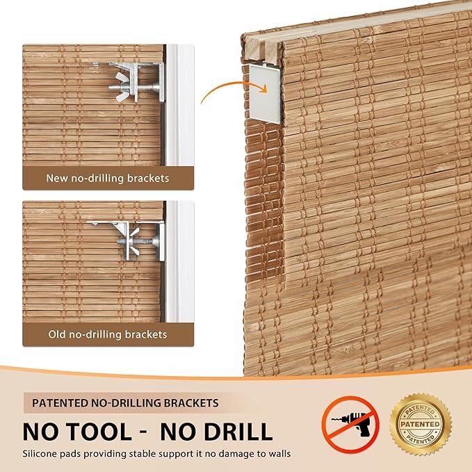 LazBlinds No Tools No Drill Cordless Bamboo Roman Shades, Custom Light - Image 3