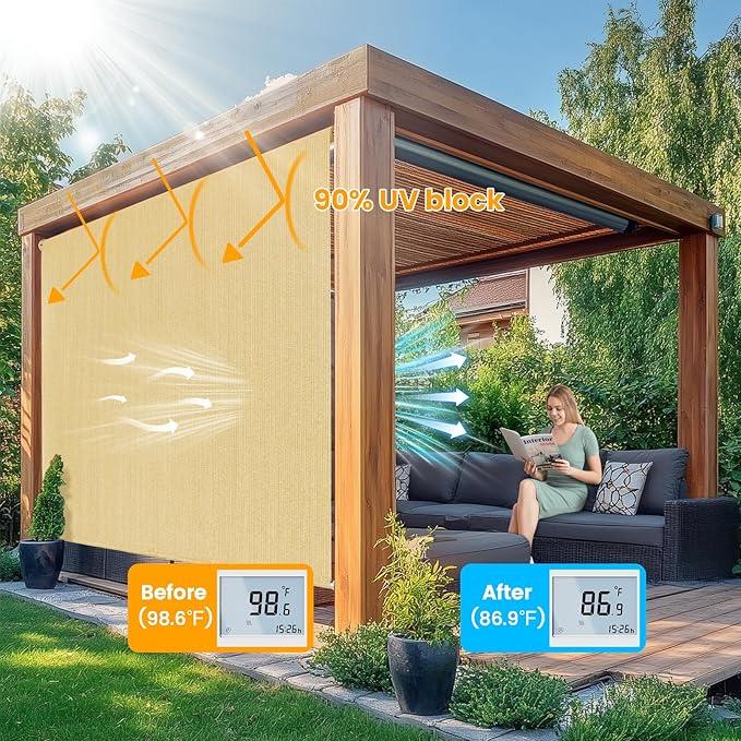 8'W x 8'H Sesame Patio Shades Roll up Outdoor Roller Shade Crank Wand Blind - Image 2