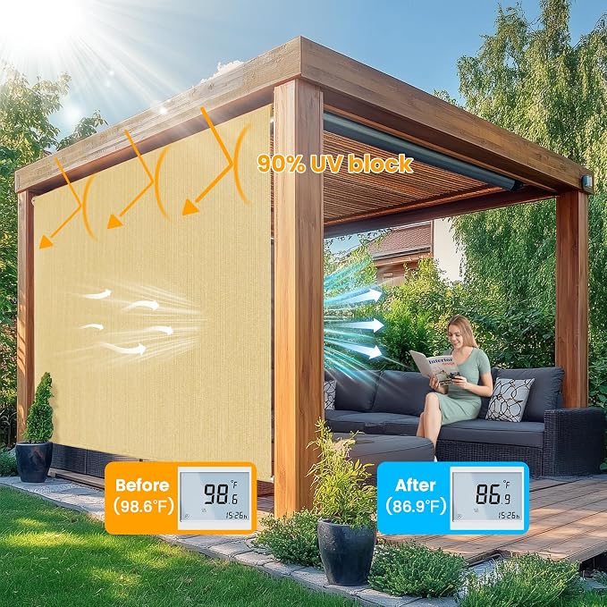 Custom Size Sesame Patio Shades Roll up Outdoor Roller Shade Crank Wand Blind - Image 2