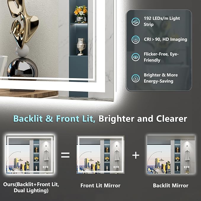 20x28 LED Bathroom Mirror with Lights, Backlit and Front Lit Anti-Fog Lighted - Image 3